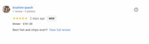 Screenshot of a customer review about the best fish and chips in London.