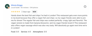 Screenshot of a customer testimonial about the best fish and chips in London.
